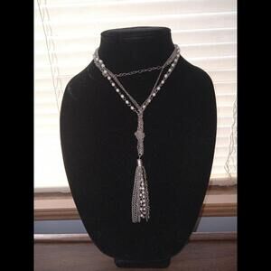 Vintage Long Silver/Small Faux Pearls Chain Necklace. Tassel. Unique